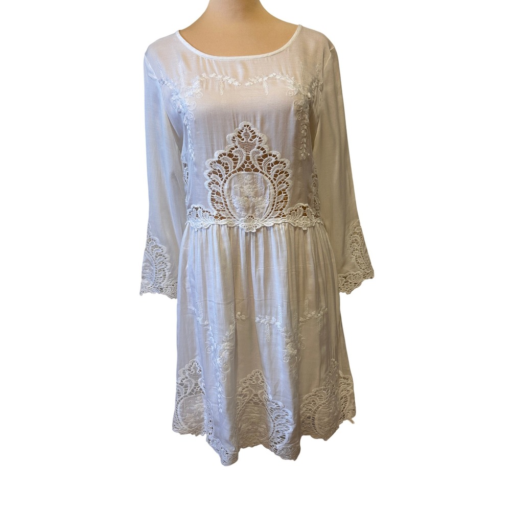 Lulumari  Mini Dress Sz S White Lace Boho Embroidery Initiation Rush Bridal